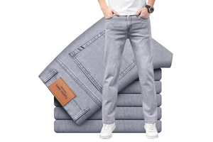2024 Summer Men's High Elastic Sand Wash Jeans Comfort Straight Leg Denim Business Casual Stretch Trousers Daily Office Wear