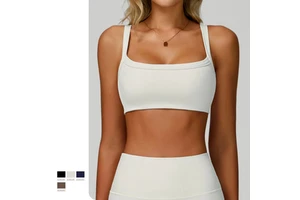 Double Strap Ribbed Yoga Bra Hollow Out Back Tight Fashionable Workout Athletic Sports Bra
