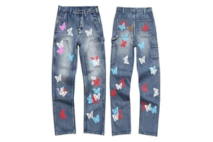 High Quality Street Cotton Denim Pants for Puff Printing Colorful Butterfly Vintage Plus Size Men's Straight Jean Bottom Trouser