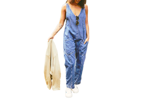 Autumn and Winter New European V-neck Pocket Sling Adjustable Suspenders Denim Jumpsuit Trousers