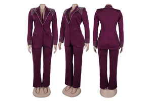 Fashion Ladies Plus Size Autumn Office Work Suit Two Pieces with Button Decoration Spandex/Polyester V-neck Full Sleeve