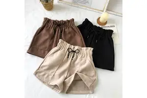 New Fashion Women Girls Solid Color Elastic Waist Korean Thicken High Waist Wide Leg Trousers Loose Woolen Casual Shorts
