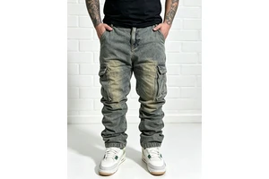Vintage Medium Wash Men's Straight Cargo Pants Streetwear Grunge Double Knee Denim Trousers Big Tall Regular Fit Autumn