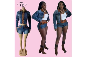 Think Women's Summer Denim Jacket and Shorts 2-Piece Set Breathable Vintage Light Wash Casual