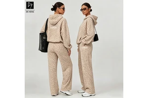 New Custom Activewear Wide Leg Yoga Pants Leopard Sweatshirt Gym Fitness Casual Sports Yoga Womens Sets