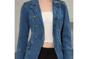 Autumn Winter Women's High Quality Double-Row Button Washed Denim Jeans Hot-Selling Slim-Fit Suit Jacket Direct Wholesale