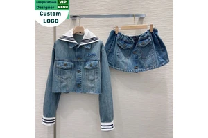 Fashion Clothing Womens Two Piece Set Detachable Navy Collar Denim Set Cotton Denim Jacket & Skirt Set