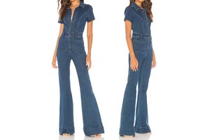 Fashion Boot Cut Jean Jumpsuits Overalls Women Work Wear Short Sleeves Patch Pocket Button Fly Cotton Denim Jumpsuit