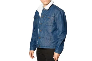 Men's Eco-Friendly Vintage Denim Jeans Jacket Stand Collar Horn Button Closure Faux Fur Lining Pattern Embroidered Street
