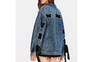 Wholesale Vintage Eyelet Lace Up Long Denim Jacket Women Blue Jean Jackets