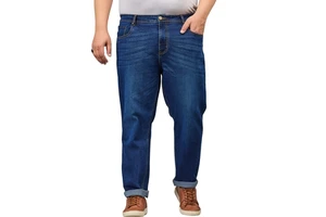 Plus Size Men Eco-Friendly Vintage Straight Denim Jeans Slim Fit Washed Patches Soft Stretch 100% Cotton Comfortable Everyday