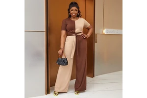Splicing Contrast Color Knitted Two-piece Fashion Casual Belt Two-piece Summer Suit Plus Size Women's Suit