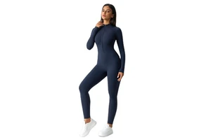 Women Long Sleeve Zip Front Buttery Soft Breathable Sculpting Yoga Jumpsuit Four-Way Stretch Fitness Bodysuit