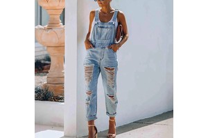 Channel Summer Light Blue Women's Casual Distressed RIpped Adjustable Long Jean Denim Overall Jumpsuits With Pockets