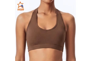 Custom Logo Womens Halter Neck Sports Bra Padded Open Back Yoga Bra Buttery Soft Strappy Workout Bra For Fitness Gym Pilates