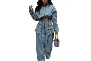 Wholesale Boutique Retro Style Women's Long Sleeved High Neck Elegant Denim Top and Loose Cargo Jeans 2-piece Set Women's Suit