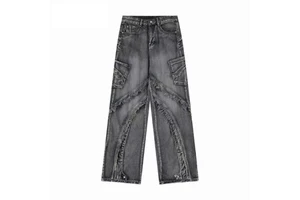 Custom Logo Men's Vintage Style Solid Denim Jeans Spring Fashion Straight Wide Leg Baggy Pants Plus Size Light Autumn