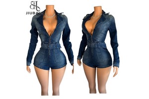 Denim Bodycon One Pieces Rompers Women Belt Long Sleeve Jeans Jumpsuits