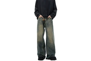 New Vintage Men's Washed Denim Jeans American Clean Fit Straight Wide Leg Loose Fit Long Pants Mid Waist Casual Trousers for