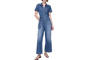 Women Denim Overalls Belted Wide Leg Soft Wash Casual Full Length Summer High Waist Dark Wash with Pockets Vintage 100% Cotton