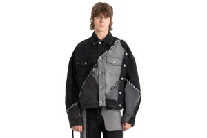 OEM Custom Men's Frayed for Raw Edge Retro Patchwork Distressed Washed Denim Jackets & Coats