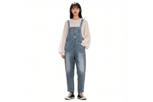 N067 Women's Denim Overalls Mid Waist Loose Fit Stonewashed Cotton Casual Spring Style With Pockets