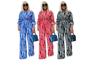 Women's Striped Printed Long-Sleeve Off-Shoulder Casual Suit Popular Plus Size Sets for Autumn