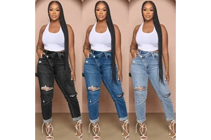 Hot Sale Plus Size Women's Denim Cargo Pants Classics Hole Hollow Out Diagonal Buckle Stretchy Shorts with Hot Selling Features