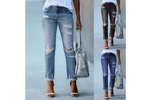 Women's Slim Solid Color Versatile Ripped Denim Jeans