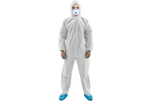 Disposable Type 5/6 Safety Microporous Film Laminated Oil Resistant Coverall with Hood Anti-Static Cleanroom Use