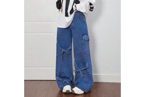 Ssy American Style Bow Tie Overalls Denim Jeans Women's Casual Summer Straight-leg Plus-size Cotton Viscose Non-elastic Trousers