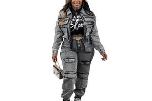 Factory Wholesale Fashion Women's Two Piece Denim Jeans Fashion Jacket Denim Trousers Casual Wear Denim Sets