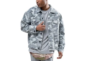 OEM Custom Suit Piece Set Zip up Jacket Men All Over Camo Printing Denim Jacket Button up Men'S Jean Windbreaker Jacket