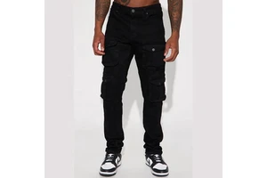 Wholesale Men's High Waist Street Style Biker Jeans Dark Washed Skinny Pants with Ripped and Patched Denim Plus Size Available