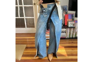 High Streetwear Women Overlapping Waist Denim Jeans Architectural Structural Wide Leg Pants Baggy Vintage Ladies Denim Trousers