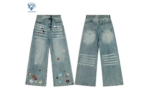 YUANBOFEI Women's Jeans Blue Washed Cartoon Bear Embroidery Wide Leg Denim Pants Elastic Waist Streetwear Baggy Jeans Pants