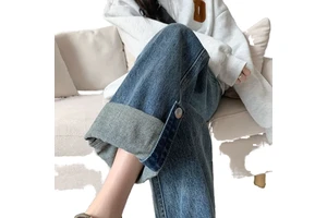 Women's Winter Warm Fleece Denim Trousers Breathable Solid Mid Waist Loose Fit Straight Casual Design for Summer