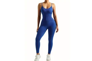 RTS Wholesale Women Ribbed Full Length Bodysuit Thin Strap Solid Color Four-Way Stretch Seamless Jumpsuit Blue AS-YJ-508