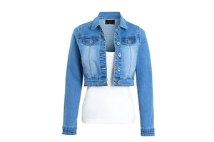 Women Cropped Denim Jacket Ladies Jeans Cropped Jacket Blue Long Sleeve 2 Front Pockets Jeans Jackets OEM Serviced Design