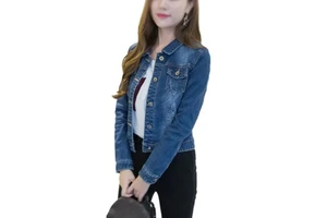 New Style Gothic Womens Printed Denim Jacket Short Turn-Down Collar Jean Outwear Casual Button Crop Coat Jacquard Rhinestone