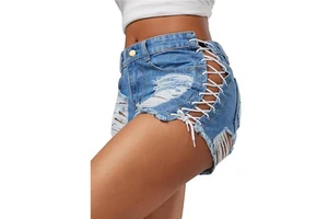 Trendy Womens Denim Shorts with Frayed Hem Distressed Style Slim Fit Design Ideal for Street Fashion and Casual Look