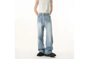 Men's Clothing | New Korean Style Light Wash Mid Elastic Waist Straight Loose Denim Trousers Spring Trendy