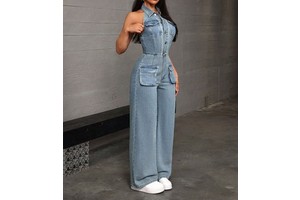 Custom Women's Vintage Summer Casual Sleeveless Denim High Waist Sleeveless Denim Jumpsuit Light Wash Casual Fit Pockets Fashion