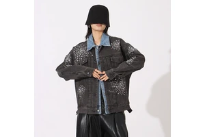 Autumn new French-style floral pattern lapel two-piece high-end fashion rhinestone denim jacket