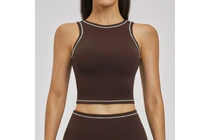 Women Contrast Piping High Neck Yoga Tank Top Cropped Soft Workout Top with Built-in Bra for Fitness Spring Summer
