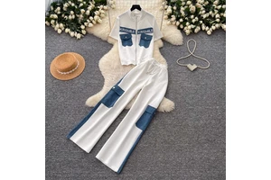 Summer Korean 2 Piece Set for Women Top And Patchwork Slim Denim Suit Clothing Wholesale