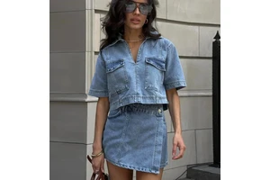 Workwear Denim Suit Skirt, Women's Summer V-neck Short-sleeved Top Denim Suits for Women