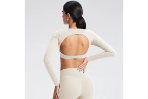 Women Hollow Back Lightweight Yoga Crop Top Long Sleeve Breathable Tight Fit Fitness Training