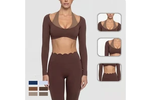 Women Color Block Long Sleeve Top Halter Neck Yoga Wear Slim Fit Workout Pilates Fitness Sports Blouse