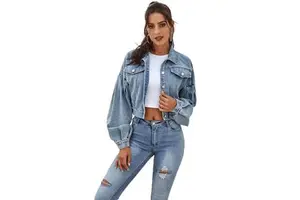 Ready Made Puff Sleeve Denim Jacket Oversize Denim Jacket Women Fashion Washed Crop Jean Jacket Wholesale